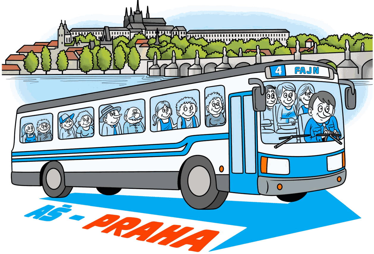 Ilustrace autobusu Aš – Praha z volebního letáku hnutí FAJN AŠ