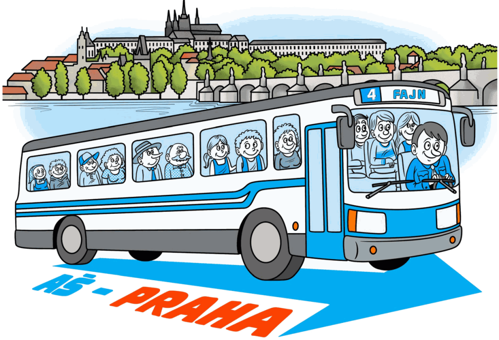 Ilustrace autobusu Aš – Praha z volebního letáku hnutí FAJN AŠ