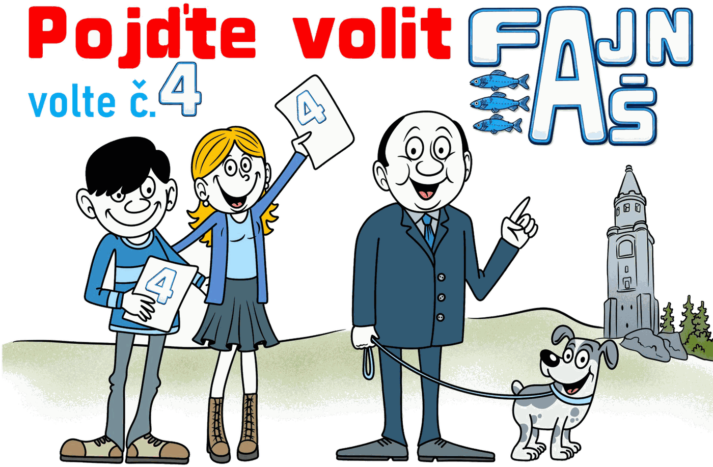 Ilustrace hnutí FAJN AŠ – Pojďte volit, volte č. 4, s rozhlednou Háj v Aši